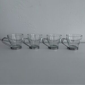 Bormioli‎ Rocco Set of Four Tempered Glass Espresso Cups with Silver Handles